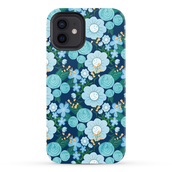 iPhone 12 StrongFit Cute Girly Blue Hand Drawn Flowers Pattern by InovArts