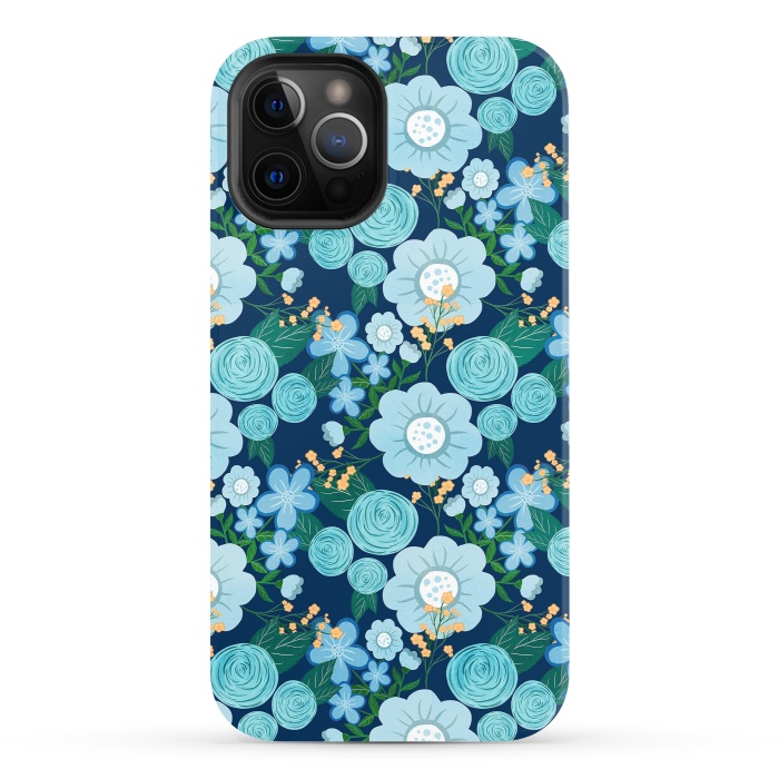 iPhone 12 Pro StrongFit Cute Girly Blue Hand Drawn Flowers Pattern by InovArts