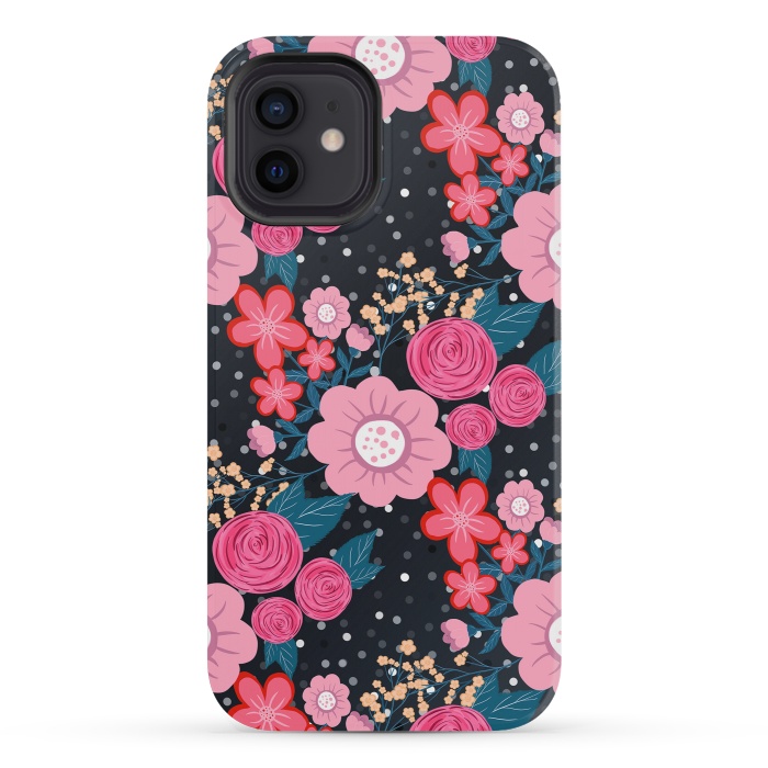 iPhone 12 mini StrongFit Pretty girly pink Floral Silver Dots Gray design by InovArts