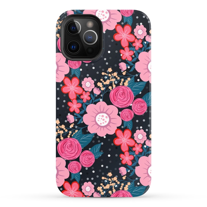 iPhone 12 Pro StrongFit Pretty girly pink Floral Silver Dots Gray design by InovArts