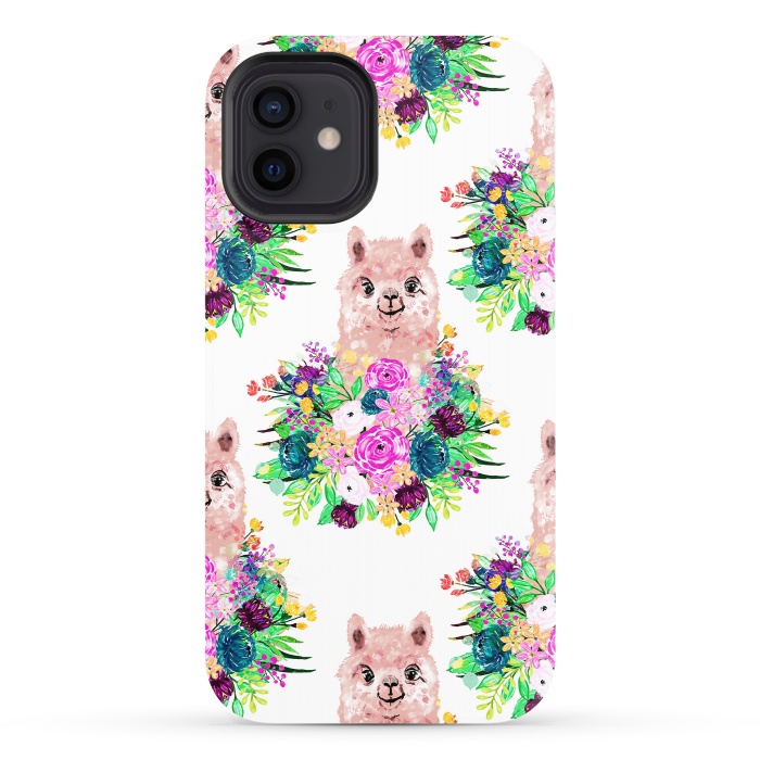 iPhone 12 StrongFit Cute Pink Alpaca and Flowers Watercolor paint by InovArts