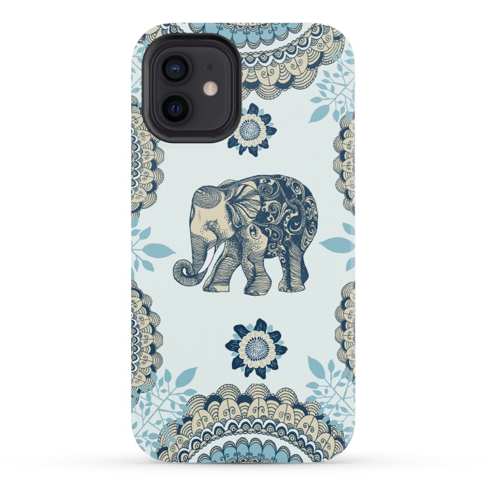 iPhone 12 mini StrongFit Blue Floral Elephant  by Rose Halsey