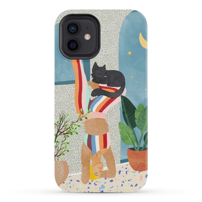 iPhone 12 mini StrongFit Headstand, Cat Yoga, Active Woman Workout, Eclectic Colorful Pets Terrazzo by Uma Prabhakar Gokhale
