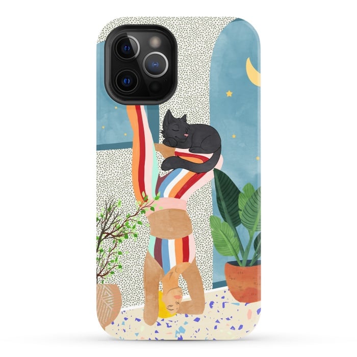 iPhone 12 Pro StrongFit Headstand, Cat Yoga, Active Woman Workout, Eclectic Colorful Pets Terrazzo by Uma Prabhakar Gokhale