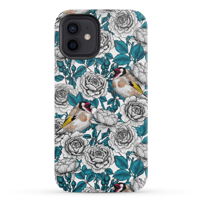 iPhone 12 mini StrongFit White rose flowers and goldfinch birds by Katerina Kirilova
