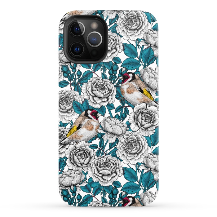 iPhone 12 Pro StrongFit White rose flowers and goldfinch birds by Katerina Kirilova