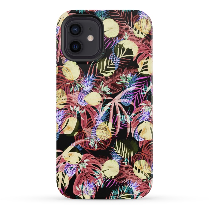 iPhone 12 mini StrongFit Colourful painted tropical leaves and pineapples by Oana 