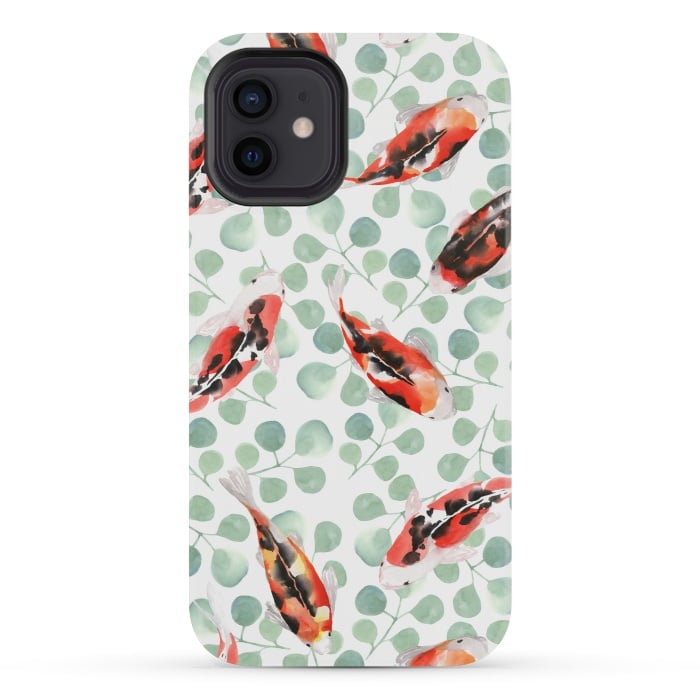 iPhone 12 mini StrongFit Koi fish. White pattern by Julia Badeeva