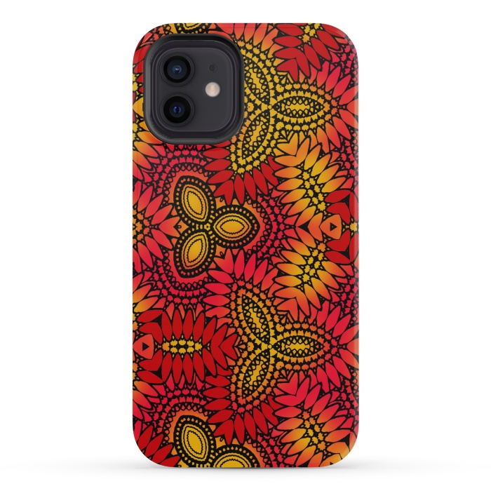 iPhone 12 mini StrongFit Mandala style red and yellow decorative design by Josie