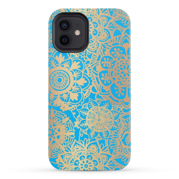 iPhone 12 mini StrongFit Light Blue and Gold Mandala Pattern by Julie Erin Designs