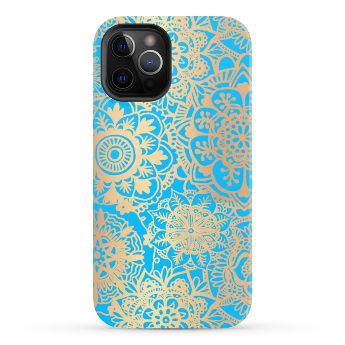 iPhone 12 Pro StrongFit Light Blue and Gold Mandala Pattern by Julie Erin Designs