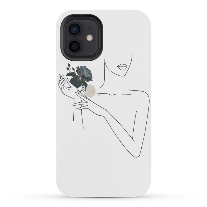 iPhone 12 mini StrongFit Lineart Girl With Black Flowers by DaDo ART