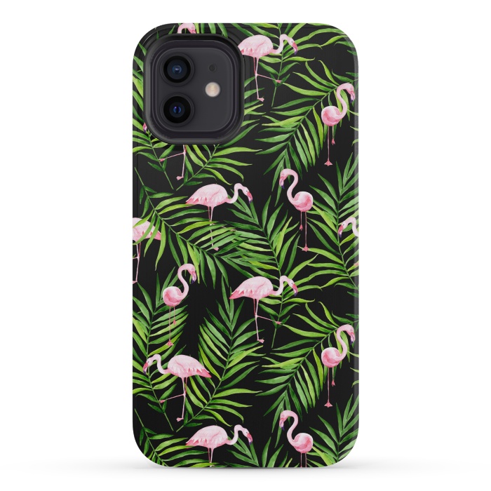 iPhone 12 mini StrongFit Pink flamingo ang palm leaves by Julia Badeeva