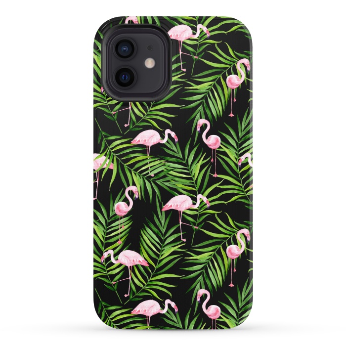 iPhone 12 StrongFit Pink flamingo ang palm leaves by Julia Badeeva
