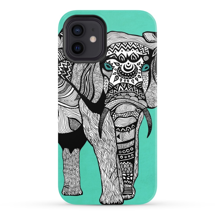 iPhone 12 StrongFit Turquoise Elephant by Pom Graphic Design