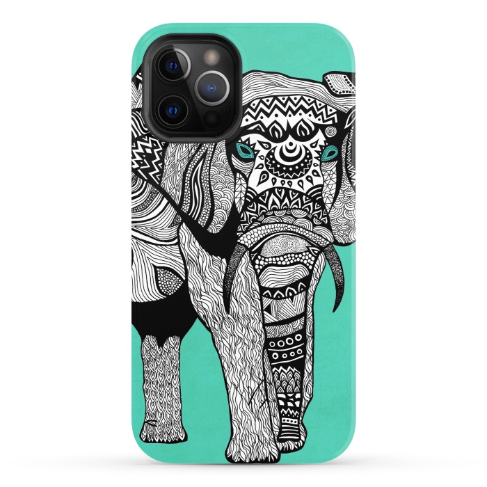 iPhone 12 Pro StrongFit Turquoise Elephant by Pom Graphic Design