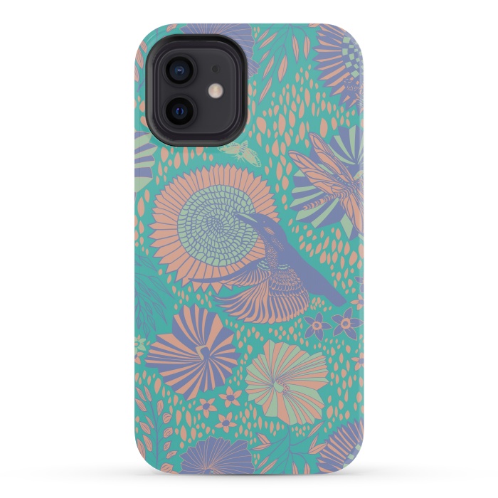 iPhone 12 mini StrongFit Mint bird and dragonfly by Nina Leth