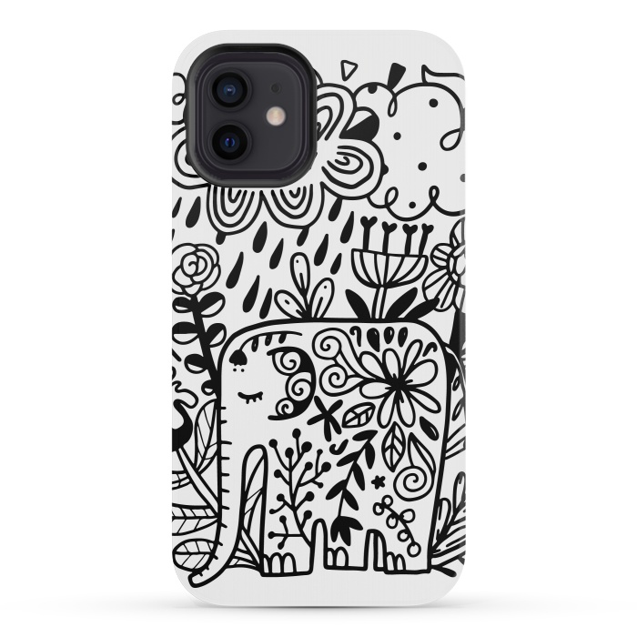 iPhone 12 mini StrongFit Doodle elephant and flowers by Anna Alekseeva
