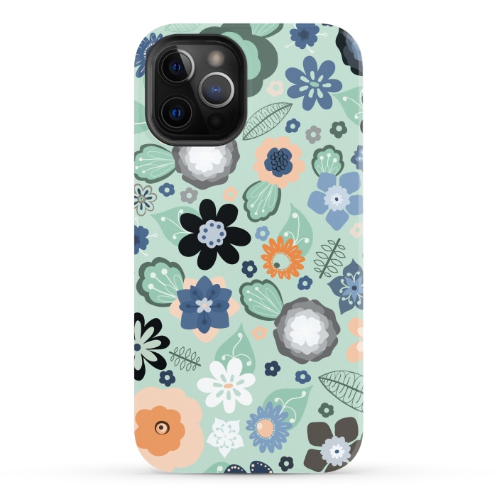 iPhone 12 Pro StrongFit Kitsch 70s Flowers in Light Blue by Paula Ohreen