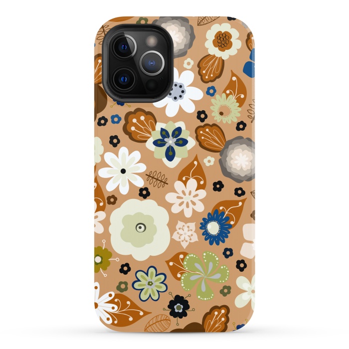 iPhone 12 Pro StrongFit Kitsch 70s Flowers in Classic Blue and Brown by Paula Ohreen