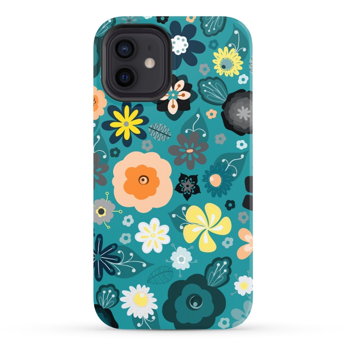 iPhone 12 StrongFit Kitsch 70s Flowers in Classic Blue and Yellow by Paula Ohreen