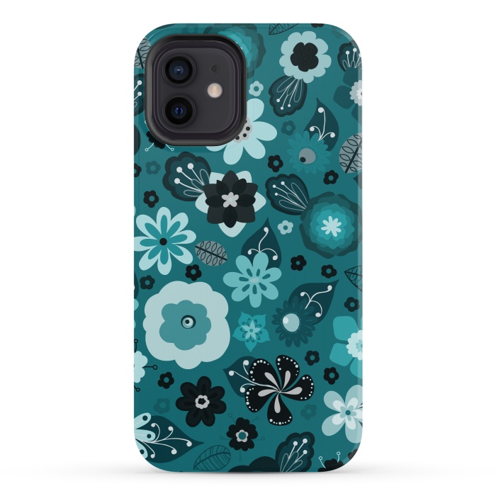 iPhone 12 StrongFit Kitsch 70s Flowers in Monochrome Classic Blue by Paula Ohreen