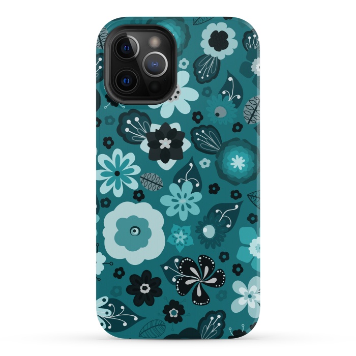 iPhone 12 Pro StrongFit Kitsch 70s Flowers in Monochrome Classic Blue by Paula Ohreen