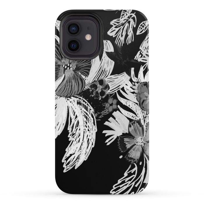 iPhone 12 mini StrongFit Black and white marker sketched flowers by Oana 