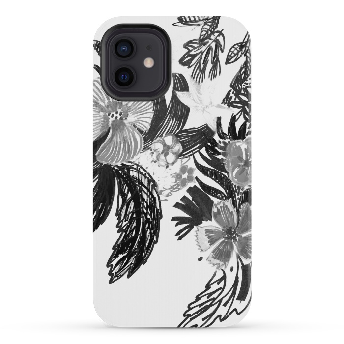 iPhone 12 mini StrongFit Black ink sketched flowers by Oana 