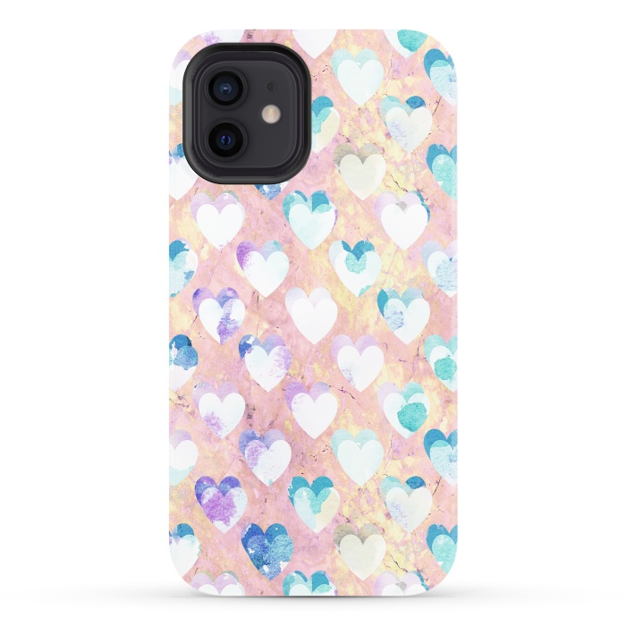 iPhone 12 StrongFit Pastel painted hearts on pink marble Valentine by Oana 