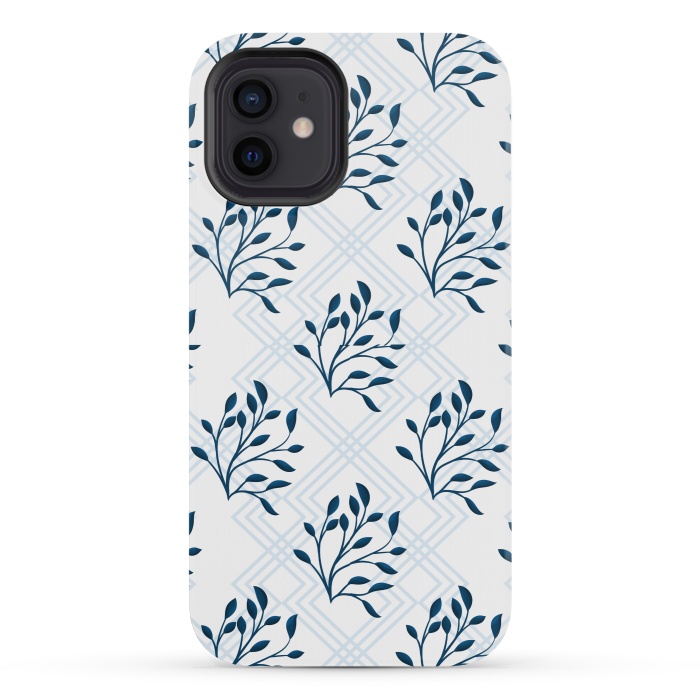 iPhone 12 mini StrongFit checks leaf pattern blue by MALLIKA