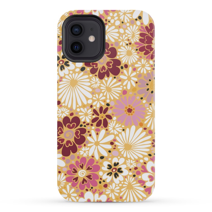 iPhone 12 mini StrongFit 70s Valentine Flowers in Pink, Cream and Yellow by Paula Ohreen