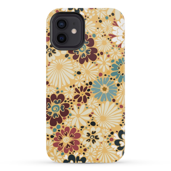 iPhone 12 mini StrongFit 70s Valentine Flowers in Blue and Yellow by Paula Ohreen