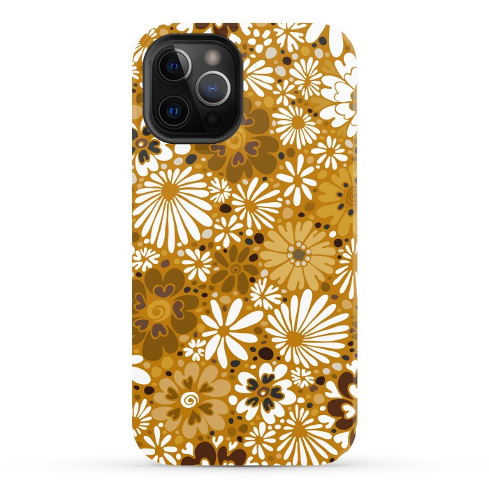iPhone 12 Pro StrongFit 70s Valentine Flowers in Mustard and White by Paula Ohreen