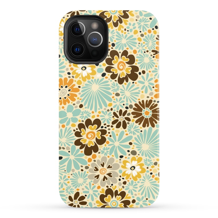 iPhone 12 Pro StrongFit 70s Valentine Flowers in Orange, Brown and Blue by Paula Ohreen
