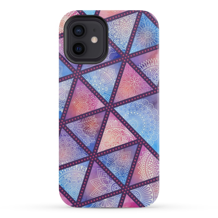 iPhone 12 mini StrongFit triangle mandala pattern blue pink by MALLIKA