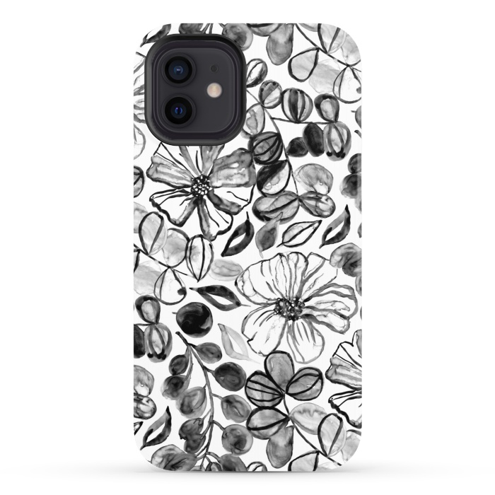 iPhone 12 StrongFit Black & White Painted Floral  by Tigatiga