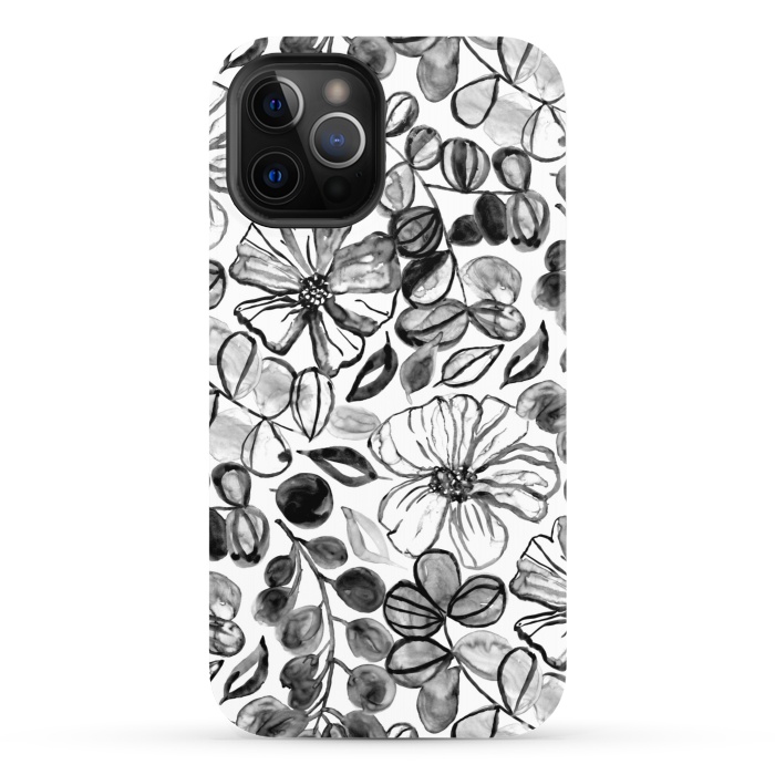 iPhone 12 Pro StrongFit Black & White Painted Floral  by Tigatiga