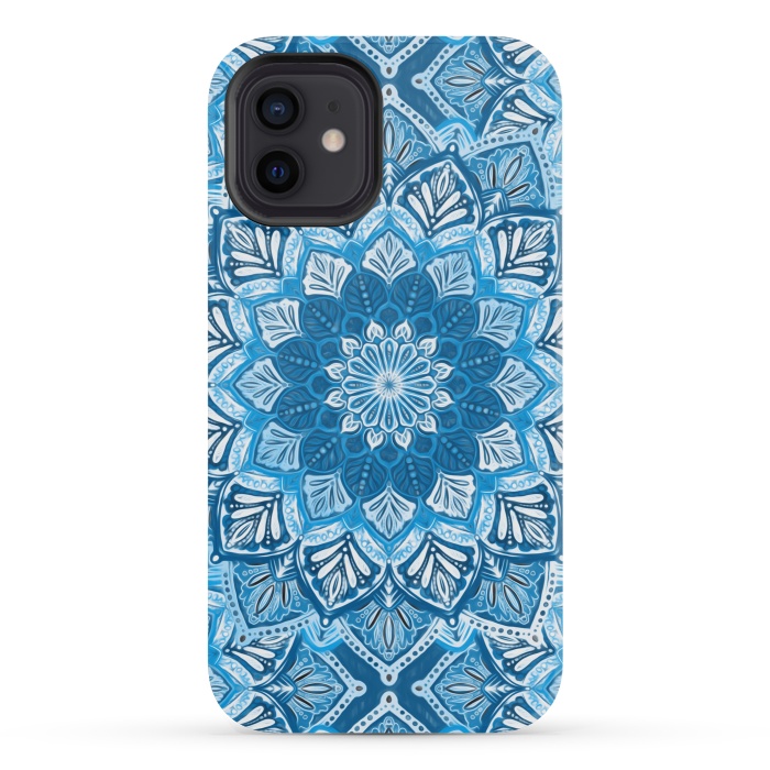 iPhone 12 mini StrongFit Boho Mandala in Monochrome Blue and White by Micklyn Le Feuvre