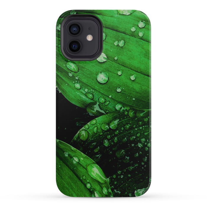 iPhone 12 mini StrongFit green leaf with raindrops by haroulita
