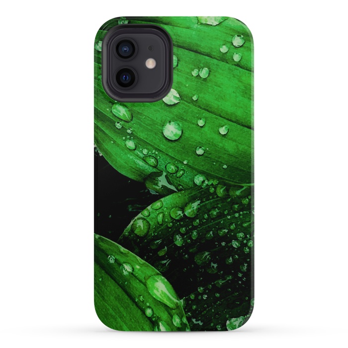 iPhone 12 StrongFit green leaf with raindrops by haroulita