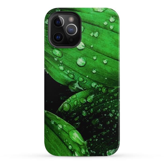iPhone 12 Pro StrongFit green leaf with raindrops by haroulita