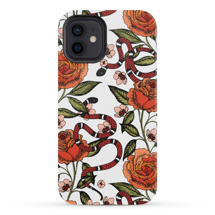 iPhone 12 mini StrongFit Roses and snake. White pattern by Julia Badeeva