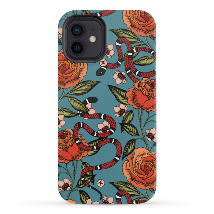 iPhone 12 mini StrongFit Roses and snake. Blue pattern by Julia Badeeva
