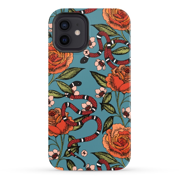 iPhone 12 StrongFit Roses and snake. Blue pattern by Julia Badeeva