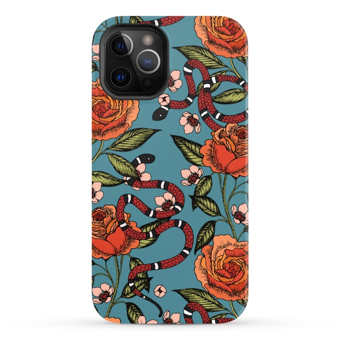 iPhone 12 Pro StrongFit Roses and snake. Blue pattern by Julia Badeeva