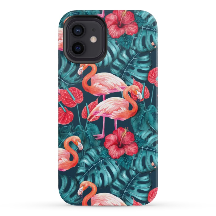 iPhone 12 mini StrongFit Flamingo birds and tropical garden watercolor by Katerina Kirilova