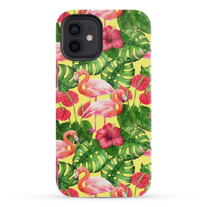 iPhone 12 mini StrongFit Flamingo birds and tropical garden watercolor 2 by Katerina Kirilova