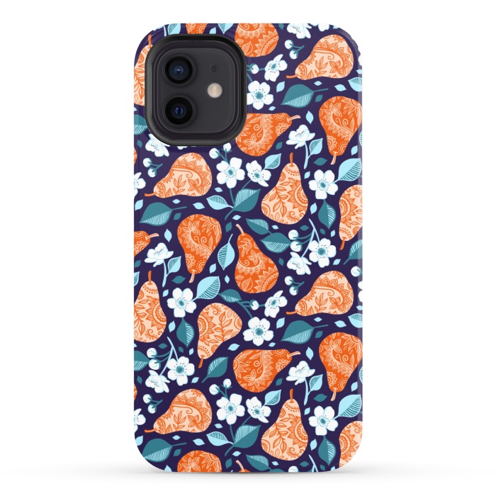 iPhone 12 StrongFit Cheerful Pears in Orange on Navy Blue by Micklyn Le Feuvre