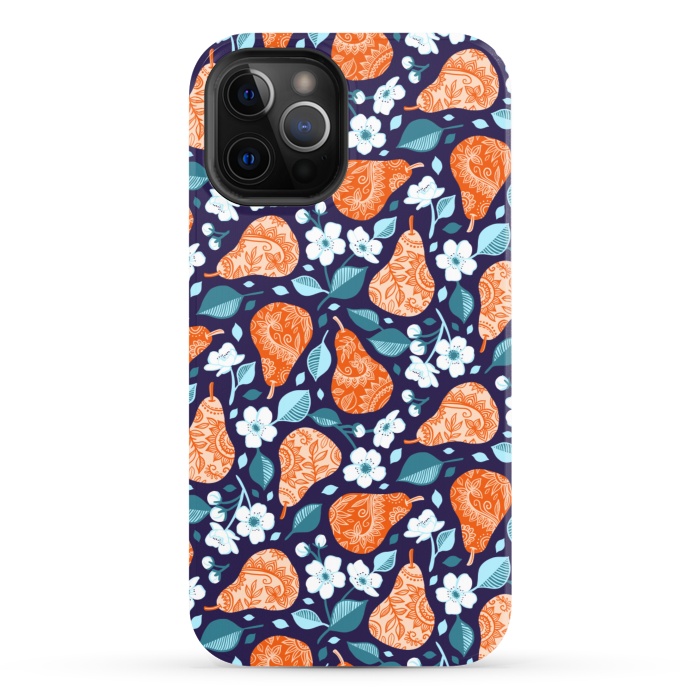 iPhone 12 Pro StrongFit Cheerful Pears in Orange on Navy Blue by Micklyn Le Feuvre